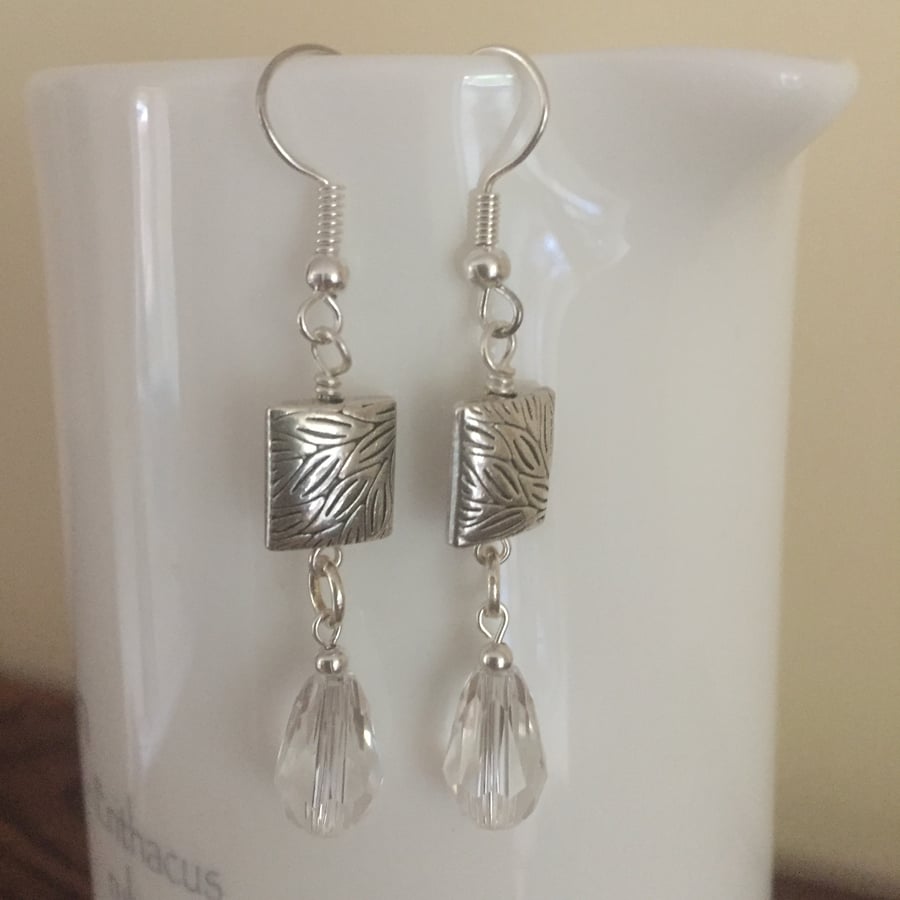 Long tibetan silver and clear glass crystal drop earrings