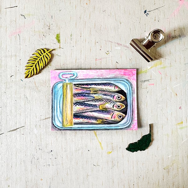 Sardine Tin Miniature Original ACEO painting - One of a kind
