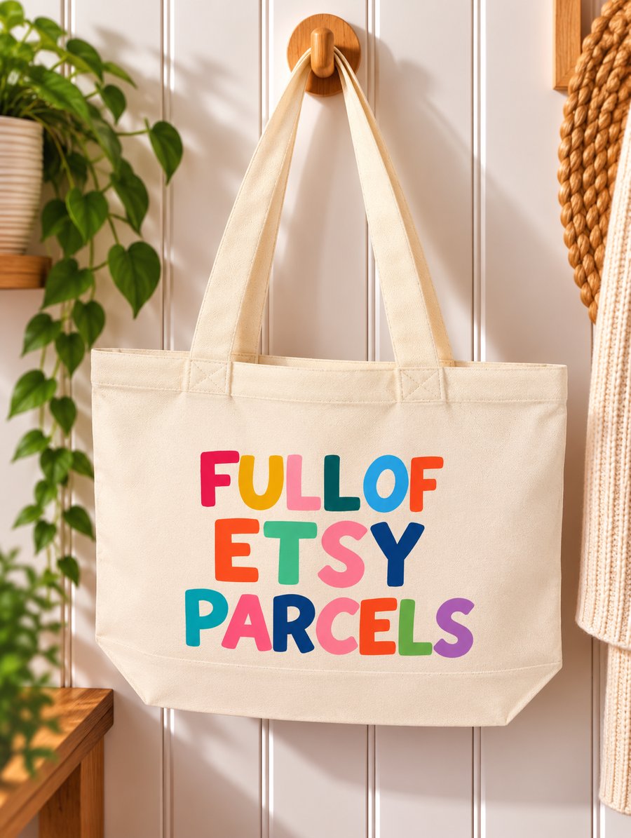 Full of Etsy Parcels – Colourful Canvas Tote Bag with Zip – Online Shopping Gift