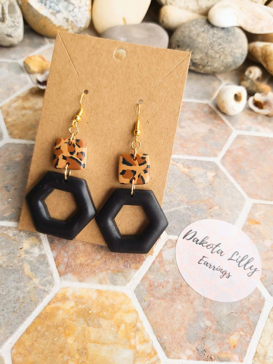 Animal print and black polymer clay earrings