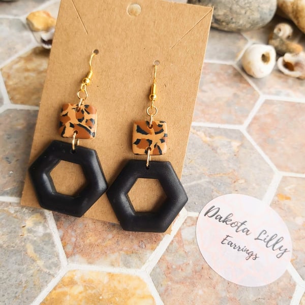 Animal print and black polymer clay earrings