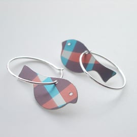 Bird earrings in pink and blue checks