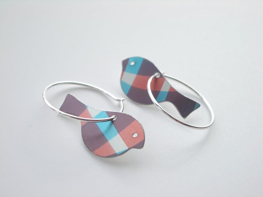 Bird earrings in pink and blue checks