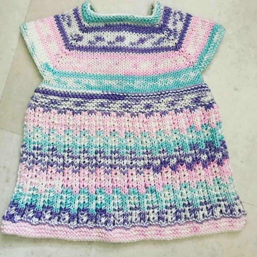 Hand Knitted summer dress in pink, turquoise, purple and white 0-3 months