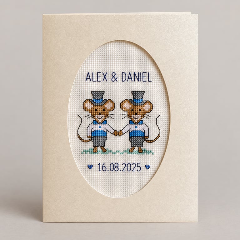 Personalised Gay Wedding Card, Handmade Cross Stitch , Groom & Groom Mice, 