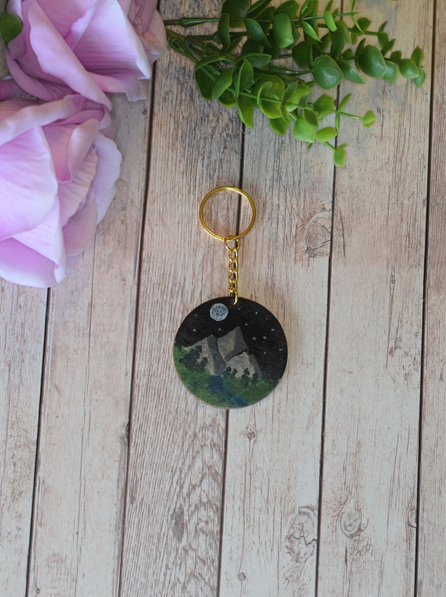 Hand Painted Wooden Keyring - Moonlit Mountain 