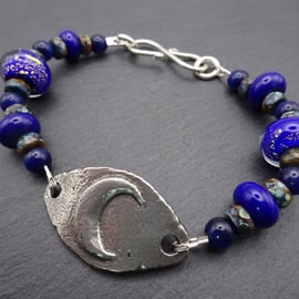 blue lampwork glass bracelet, pewter moon jewellery