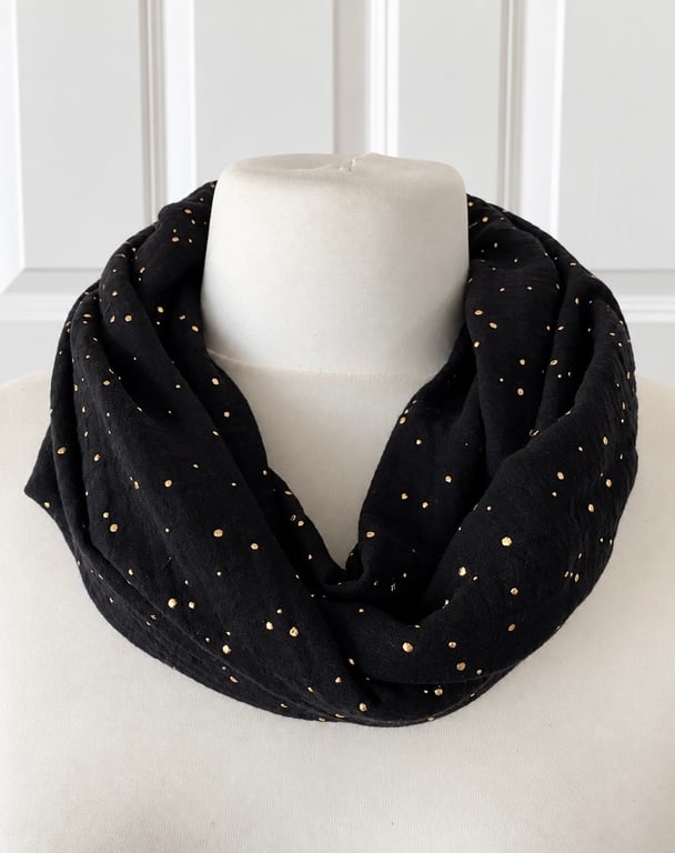 Black with Gold Speckles Infinity Scarf, 100% cotton 