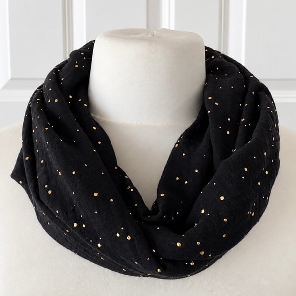 Black with Gold Speckles Infinity Scarf, 100% cotton 