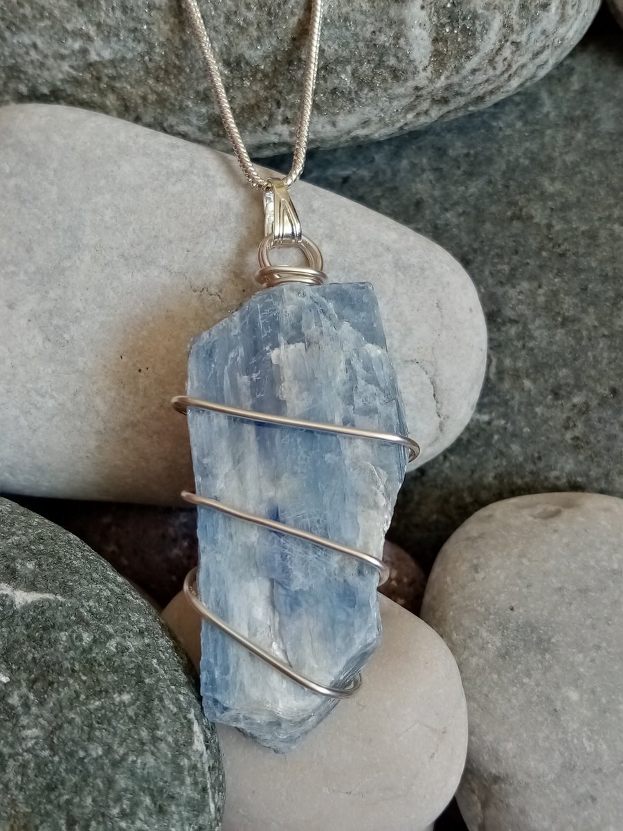Wire-wrapped natural Kyanite necklace
