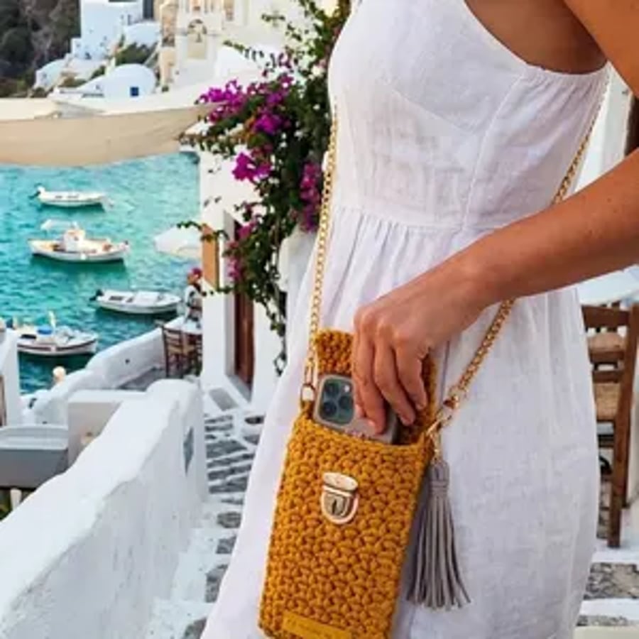 Handmade Crochet Cotton Phone Bag: Gold Chain C... - Folksy