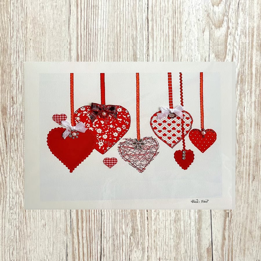 Red Hearts A4 embellished giclee print