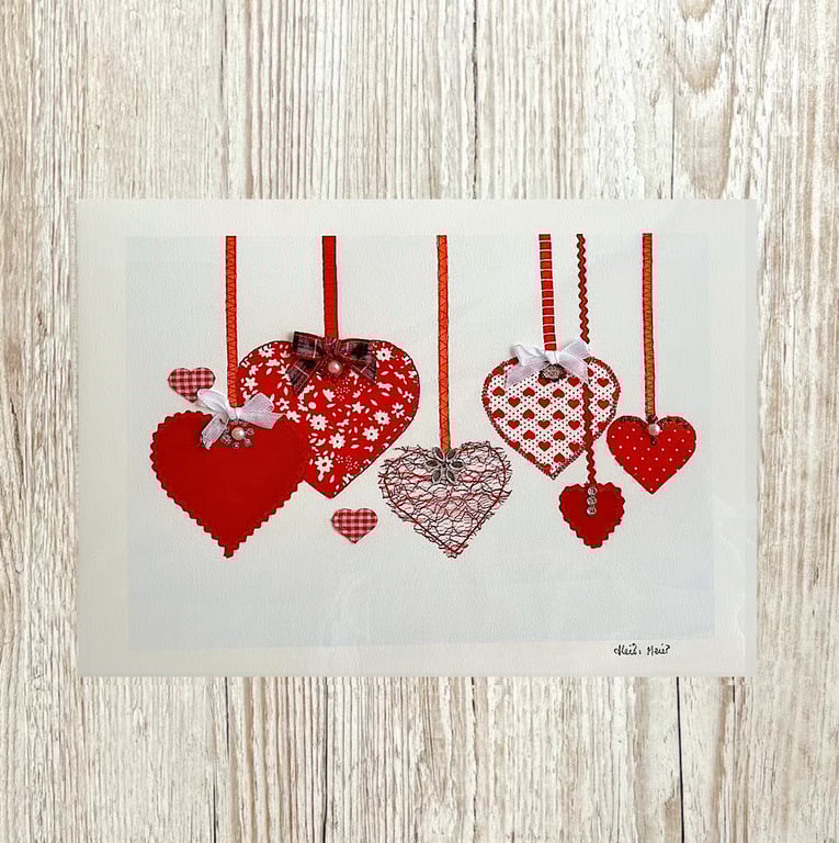 Red Hearts A4 embellished giclee print