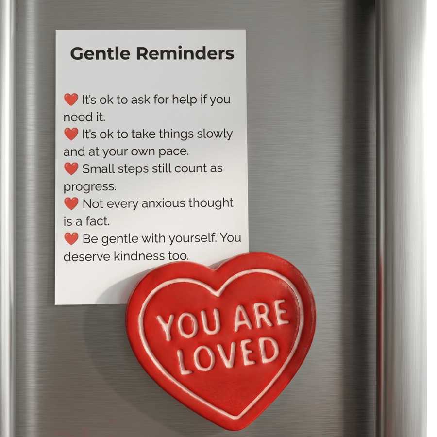 You Are Loved handmade red heart fridge magnet with A7 Gentle Reminders card