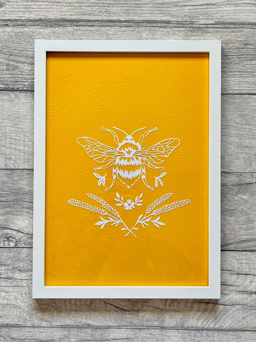 'Bees & Lavender' Framed Original Hand-cut Paper Cut Art by J. Pearce