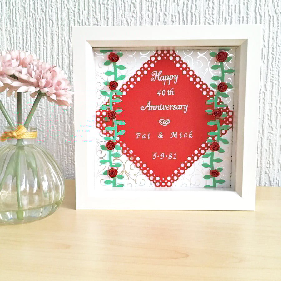 Ruby wedding anniversary gift - personalised wall art box frame