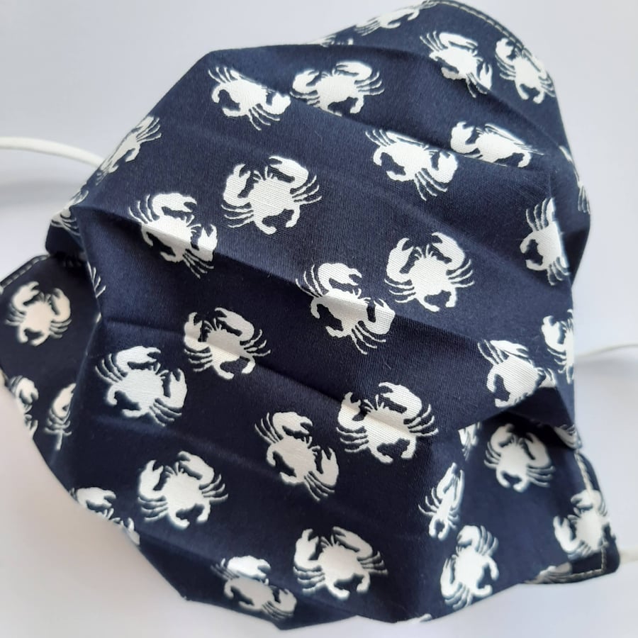 Fabric Face Covering - Navy with White Crab Design