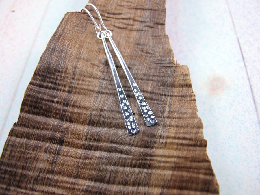 Earrings, Patterned Sterling Silver Dropper, Snow Flakes