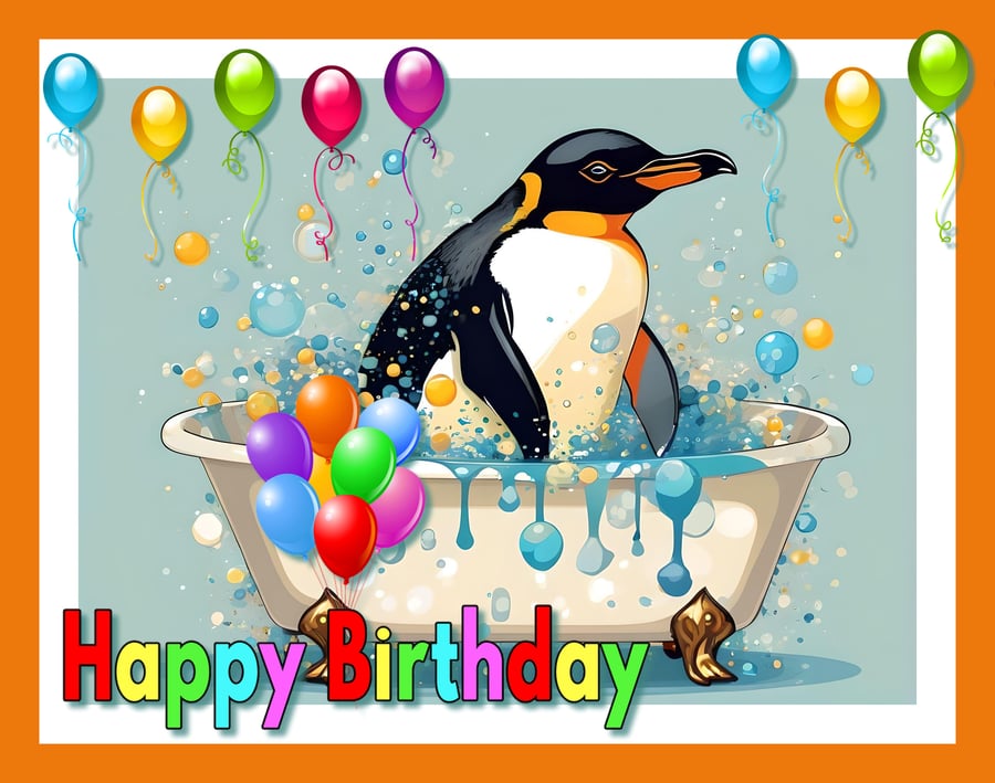 Penguin in Bath Birthday Card A5