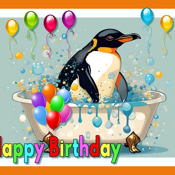 Penguin in Bath Birthday Card A5