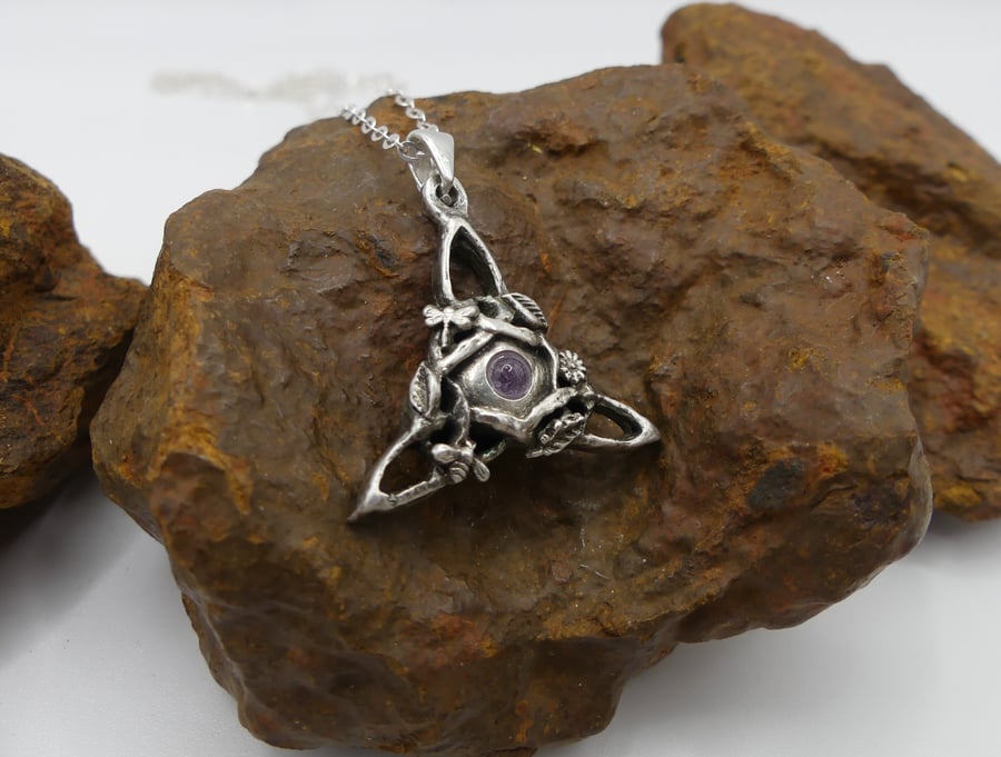 Sterling Silver Triquetra Pendant, Bee, Dragonfly, flowers Amethyst Necklace.