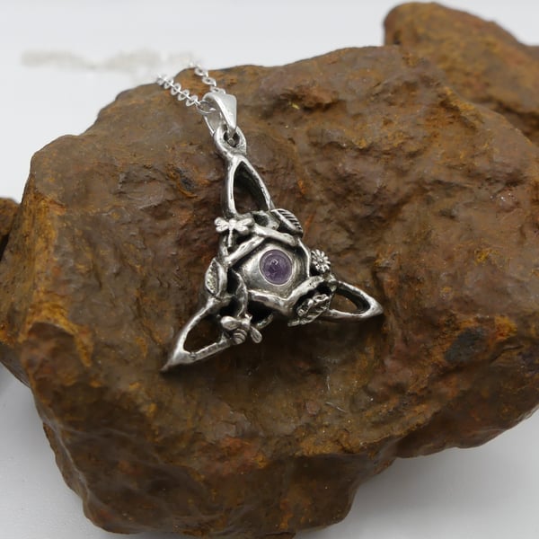 Sterling Silver Triquetra Pendant, Bee, Dragonfly, flowers Amethyst Necklace.