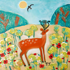 Deer Artwork, Summer Landscape Painting, Countryside Artwork, Home Decor