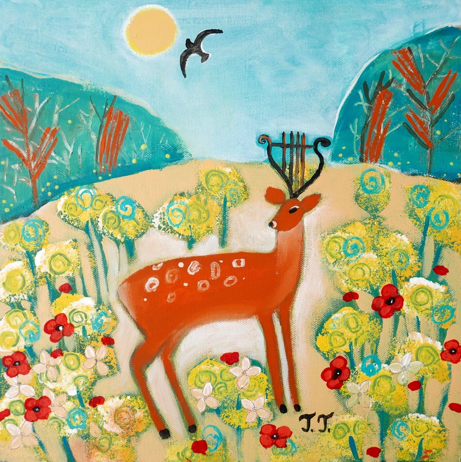 Deer Artwork, Summer Landscape Painting, Countryside Artwork, Home Decor