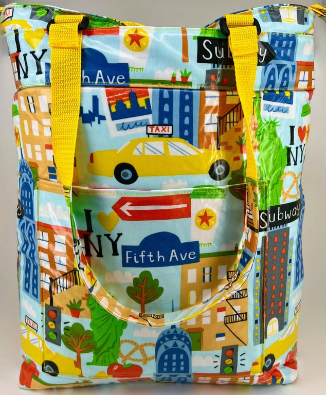Handmade NYC oilcloth fully lined rucksack tote Bag: yellow taxi & subway design
