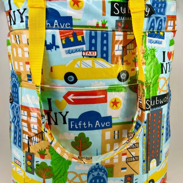Handmade NYC oilcloth fully lined rucksack tote Bag: yellow taxi & subway design