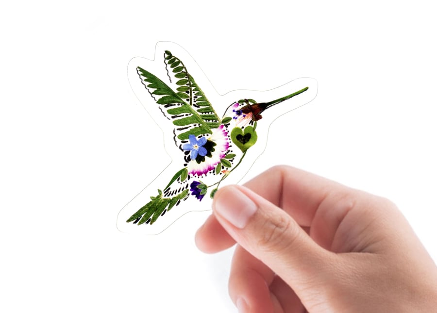 Hummningbird vinyl sticker, Glossy, Pressed flower art, 