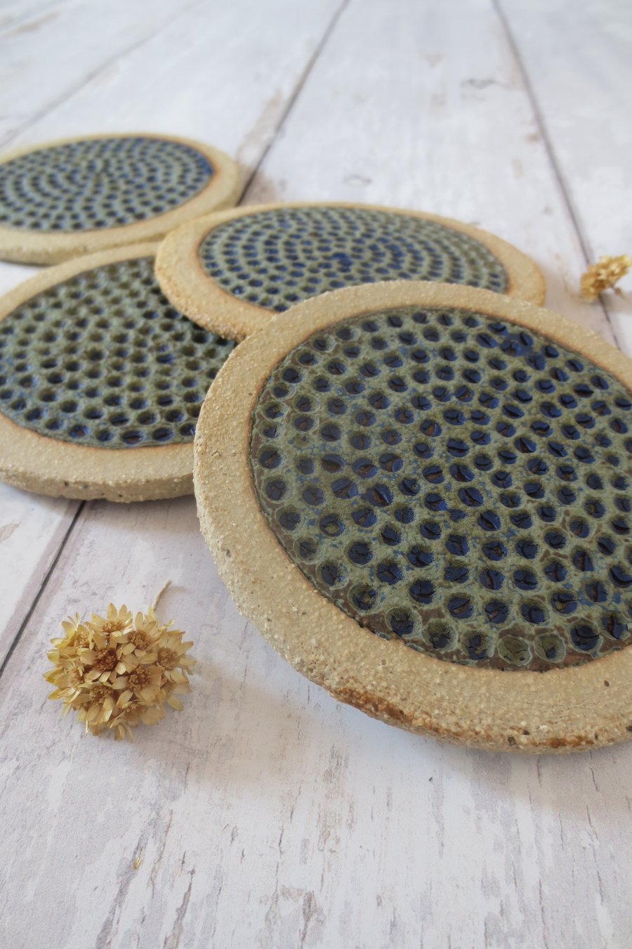 COASTERS hand-built textured pottery coaster set (x4) in sea green and blue