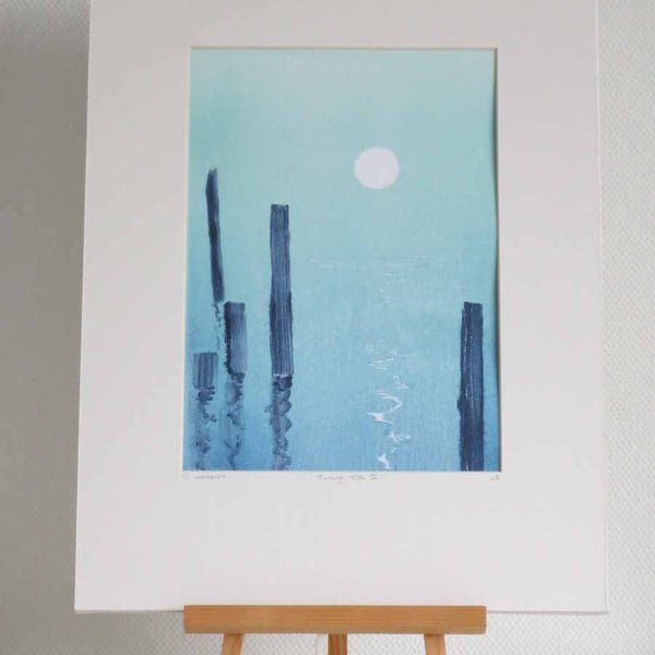 Turning tide II original ooak monoprint of the moon glinting on a calm sea