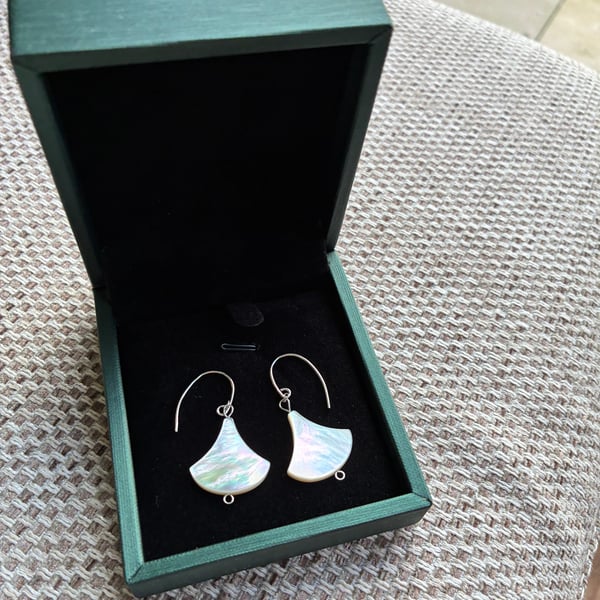 Decorative Fan-Shaped Mother of Pearl and Sterling Silver Earrings