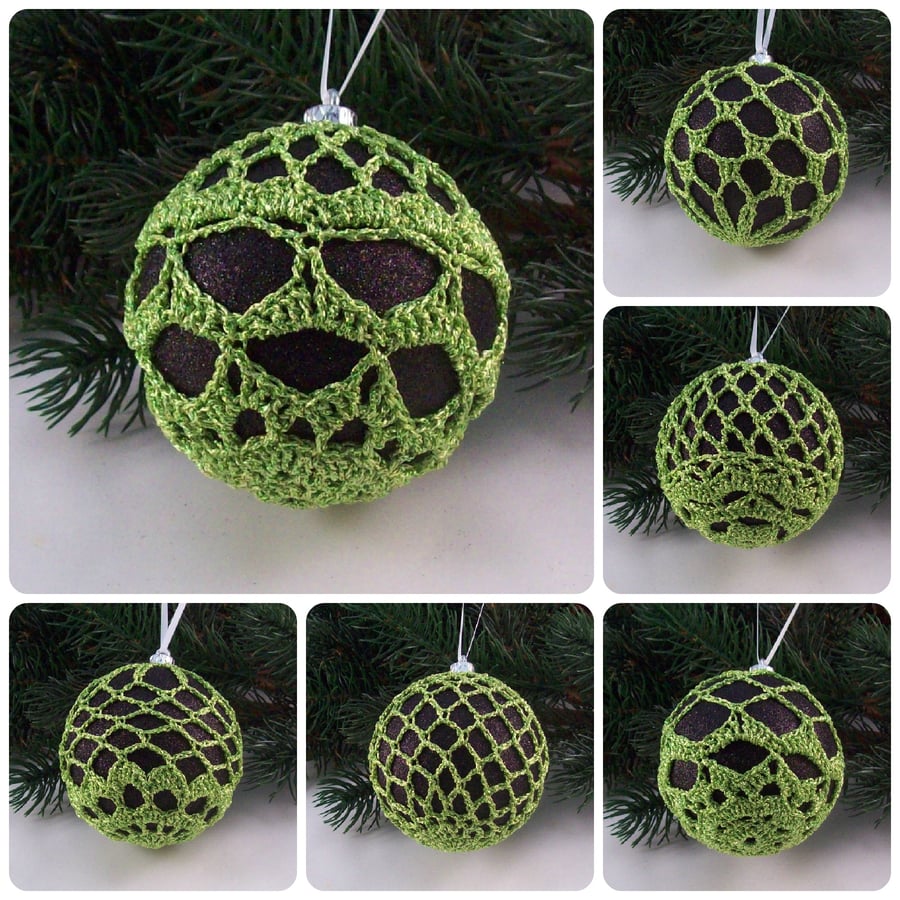 Christmas baubles boxed set of 6 large decorated with crochet lace (A25)