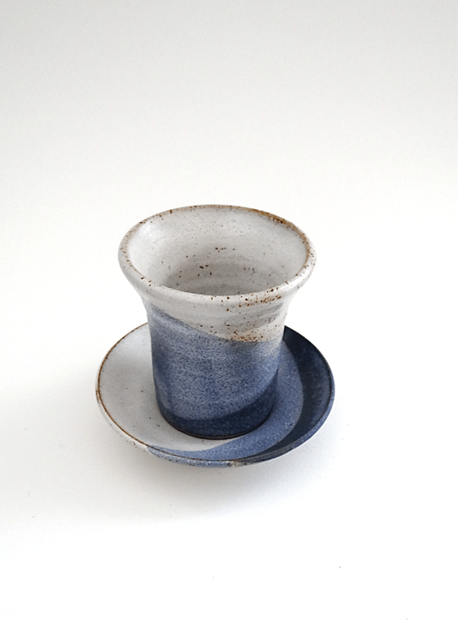 Ceramic cup tumbler beaker & saucer in nautical blues & white - handmade pottery