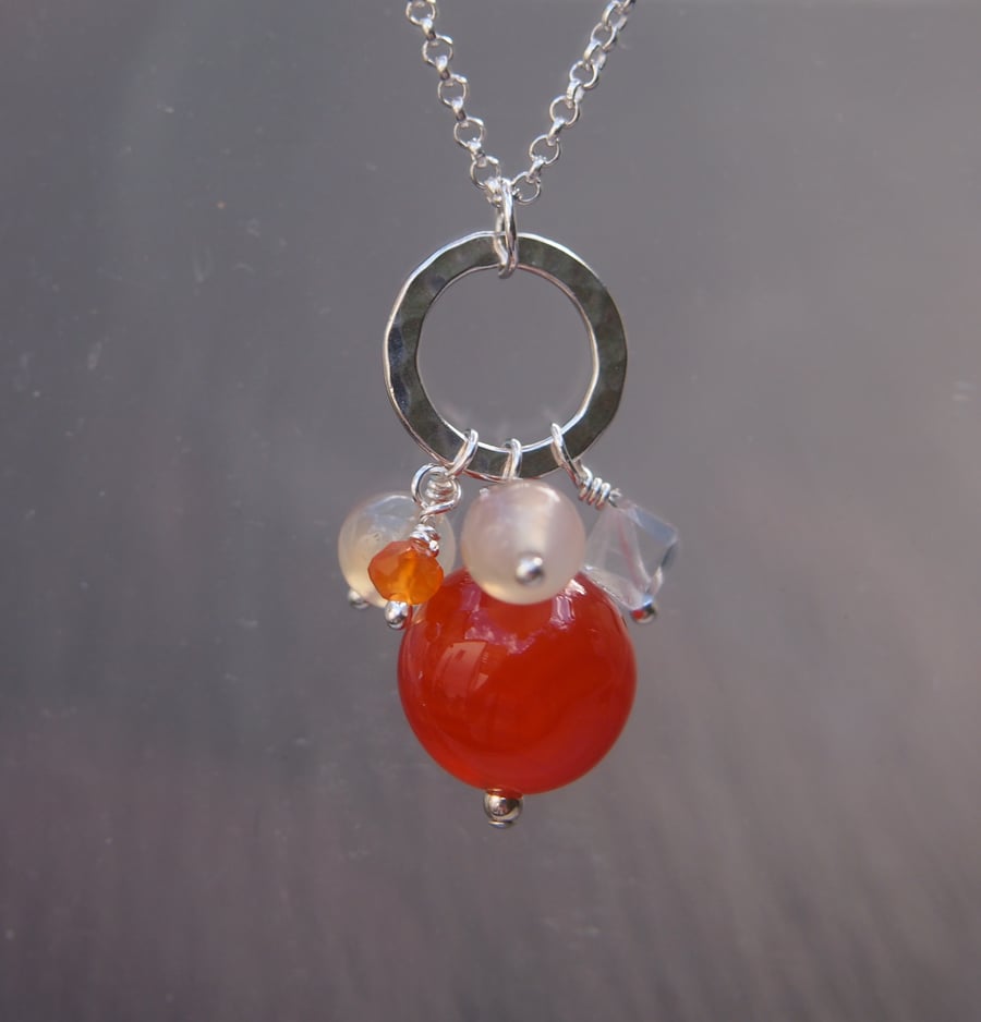 Carnelian, quartz and sterling silver chakra pendant