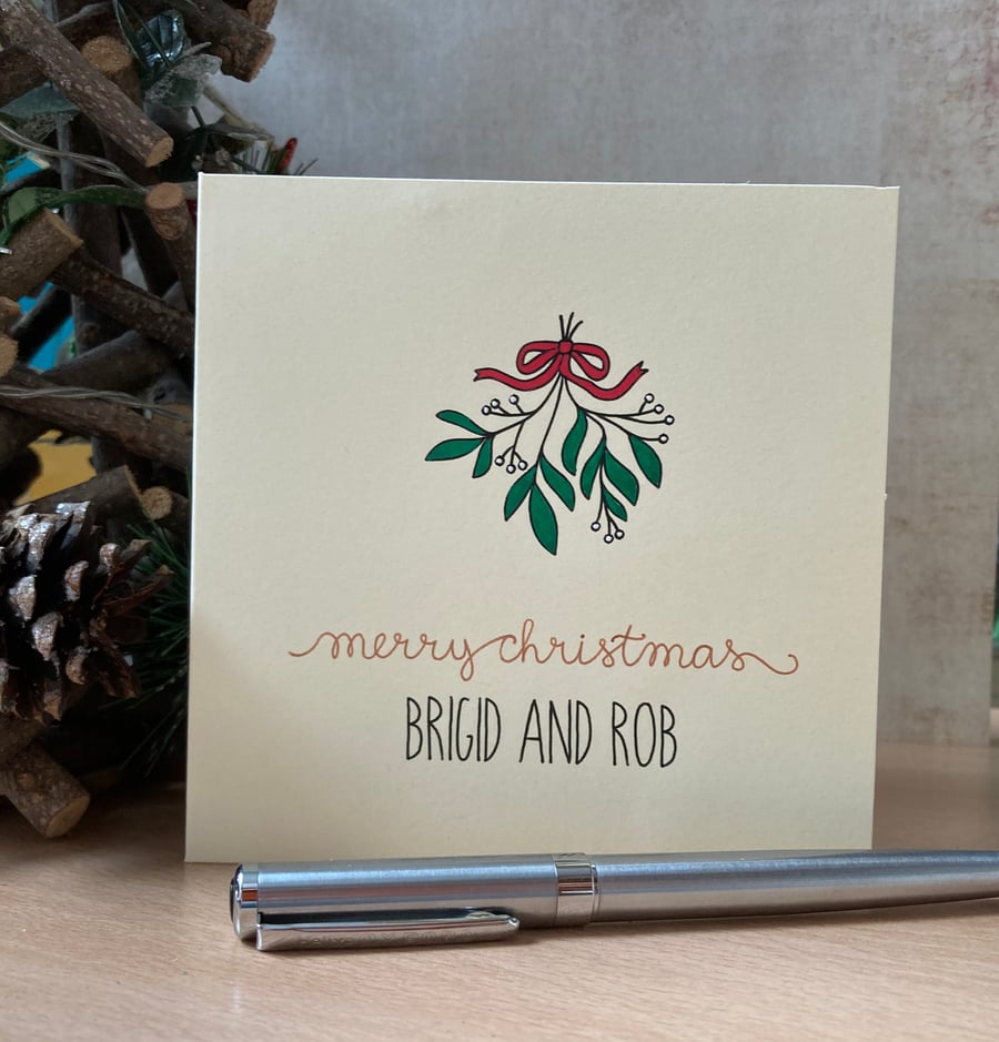 Personalised Christmas Card - mistletoe and ribbon - handpainted