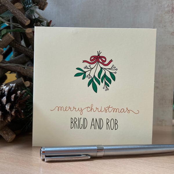 Personalised Christmas Card - mistletoe and ribbon - handpainted
