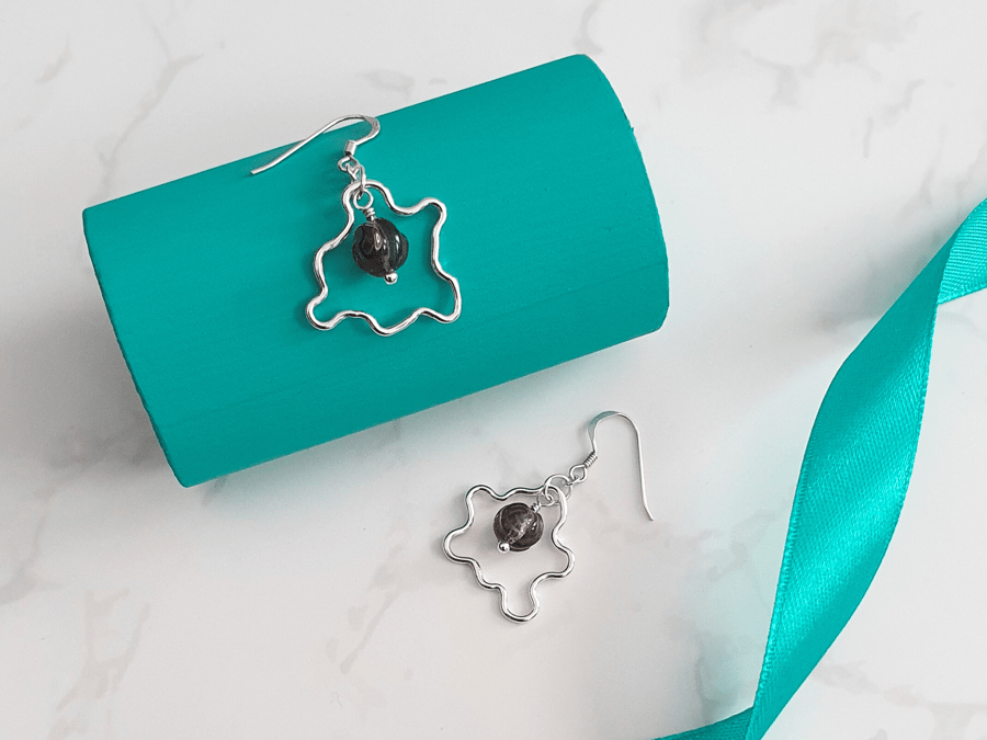 Sterling silver smokey quartz splodge earrings. Unique handmade splatter circles