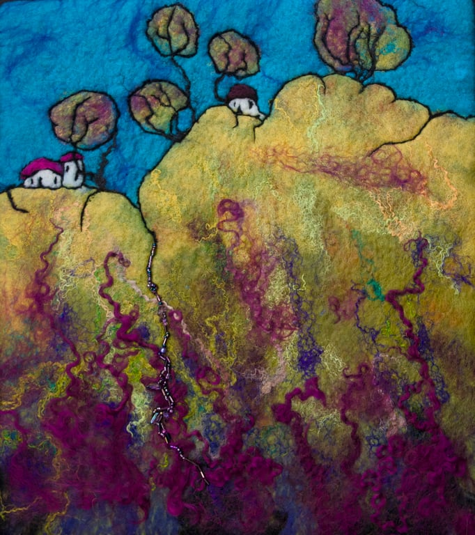 Textile Picture Purple Stream. Original Art with glass beads. Textile Hanging