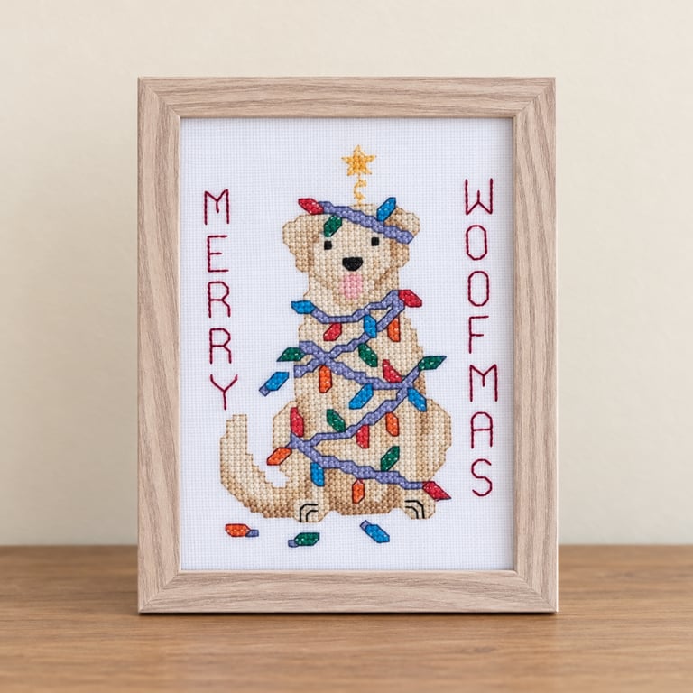 Merry Woofmas – Handmade Framed Dog Christmas Cross Stitch