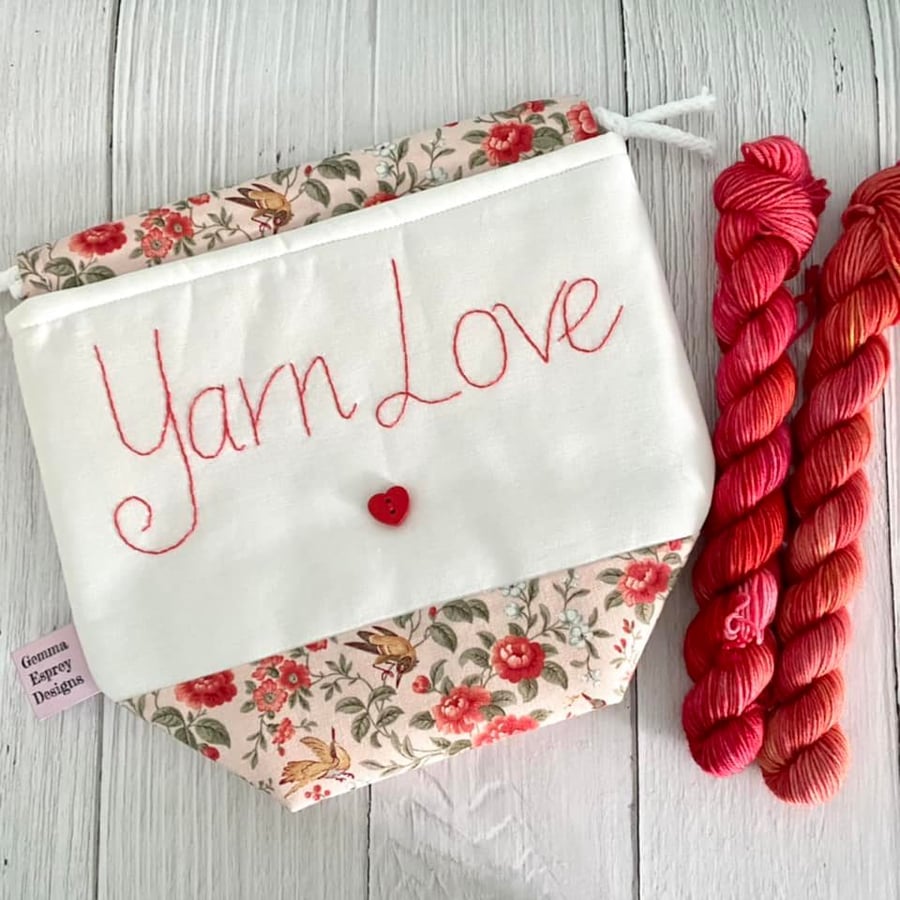 "Yarn Love" Project Bag with Hand Embroidery - Birds