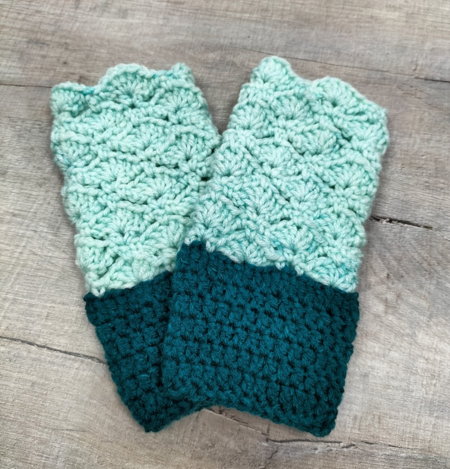 Hand crochet two tone fingerless gloves