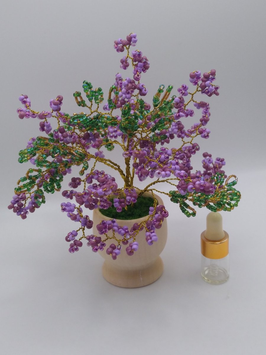 Handmade Beaded Lilac Flower Tree - Mini Wooden Desktop  Oil Diffuser 