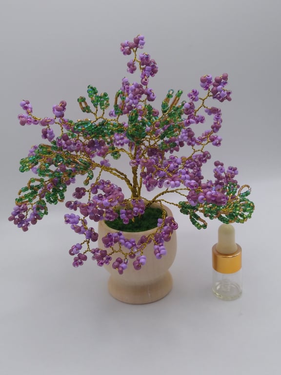 Handmade Beaded Lilac Flower Tree - Mini Wooden Desktop  Oil Diffuser 