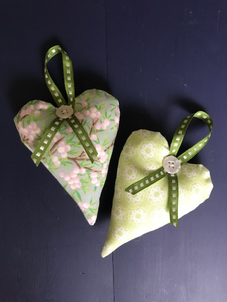 Pair of green floral hanging hearts; special order for DB