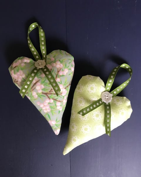 Pair of green floral hanging hearts; special order for DB