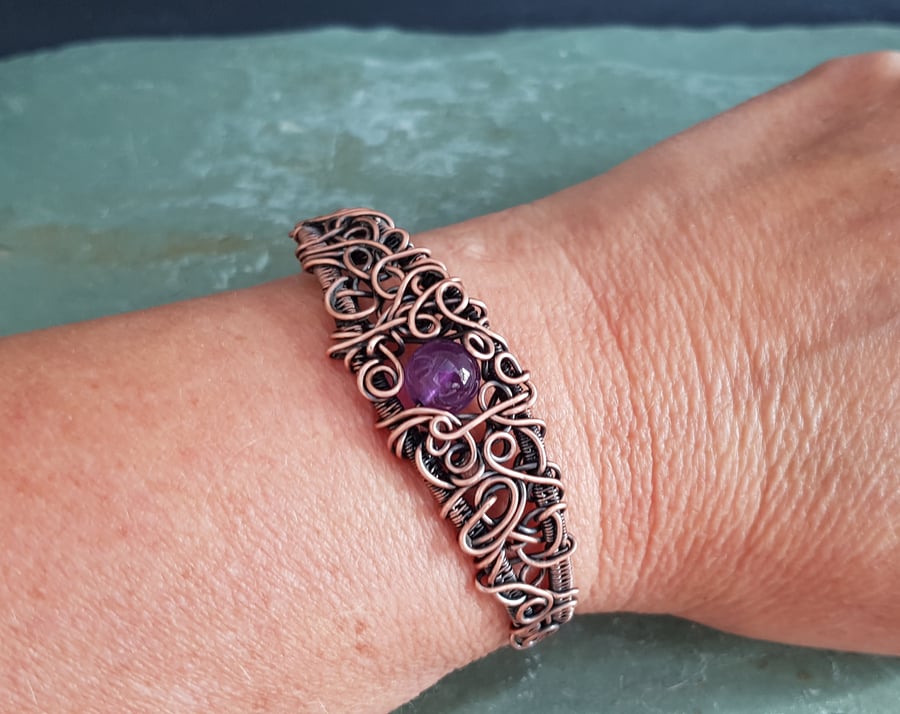 Amethyst and Copper Wire Wrapped Cuff Style Bracelet