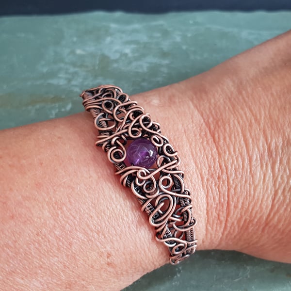 Amethyst and Copper Wire Wrapped Cuff Style Bracelet